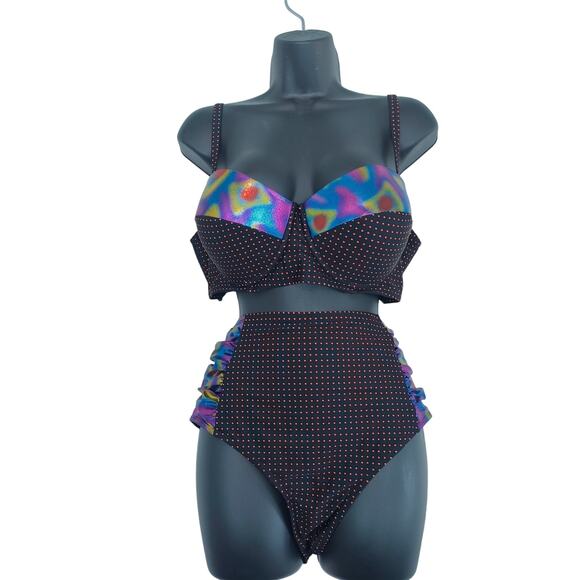 Black Polka Dot Rainbow Holographic Highwaist Bikini 2piece Swimsuit PlusSize 2x - Picture 1 of 5